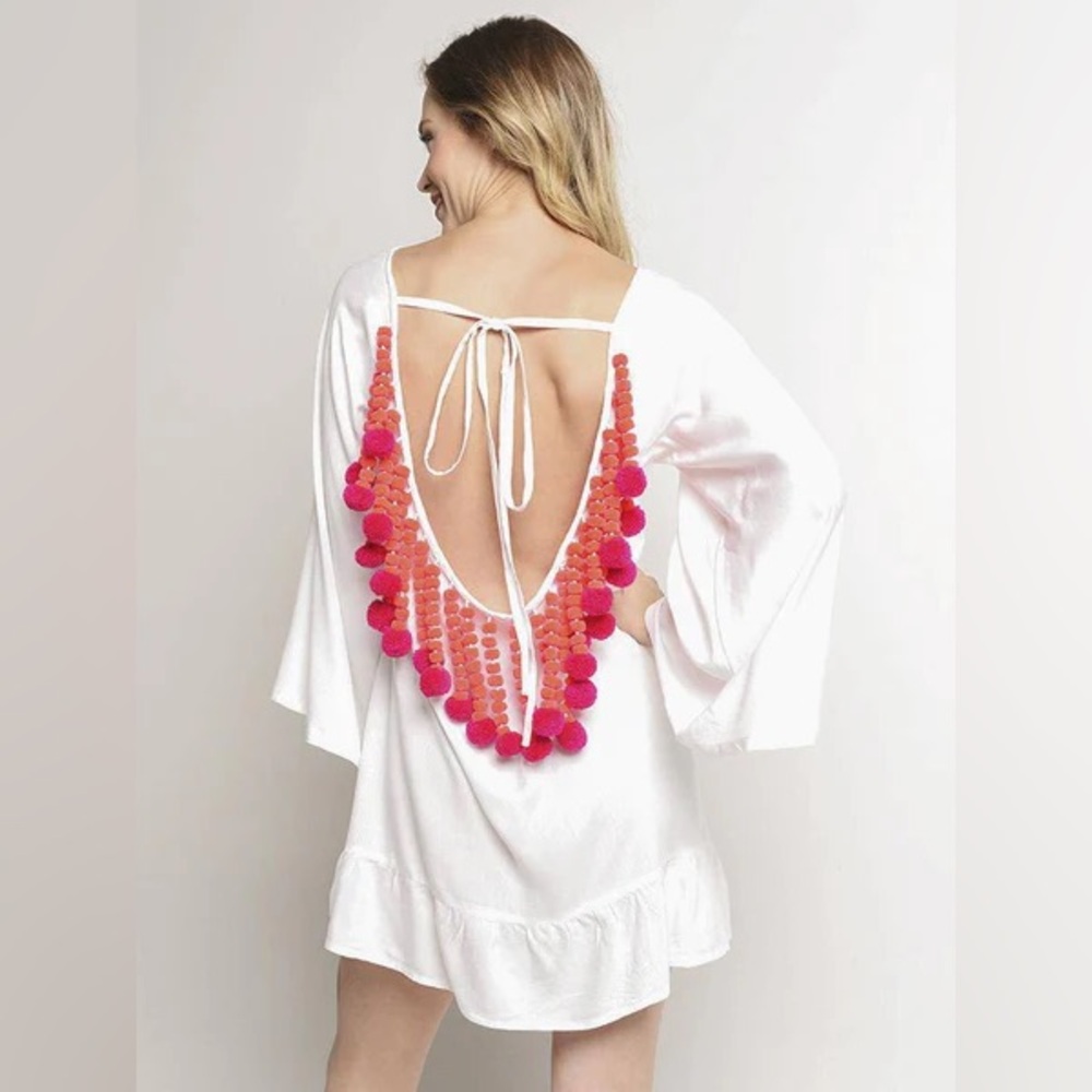 Sundress Fiorella White Dress With Pink Pom Pom Tassel Accents Size Xs / S Nwt